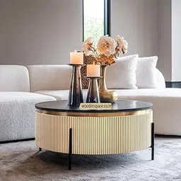 Premium Luxury Nazaara Marble-Top Coffee Table with Iron Legs & PVD Coating | Modern Round Wooden Center Table for Living Room & Entryway (Cream)-picture-35