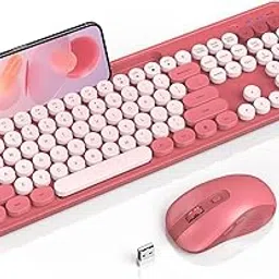 SABLUTE Wireless Keyboard And Mouse Combo,Retro Round Keycap Typewriter Keyboard With Phone/Tablet Holder,Cute Colorful Keyboard For Computer/Laptop/Windows/Mac,Pink-picture-30