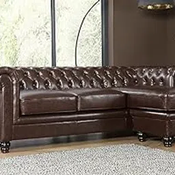 ES ESPINHO ESPN0001 Solid Sal Wood Leatherette Upholstered 3 Seater Right Hand Side Facing Button Tufted Chesterfield Modular, Sectional, Corner L Shape Sofa Set for Living Room, Chocolate Brown Color-picture-33