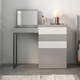 KOHINOOR DECOR Foldable and Expandable Corner Makeup Vanity with Stool & Mirror | HDHMR Wood Dressing Table with Hidden Storage Drawer (Grey, Pre-Assembled)-image-67
