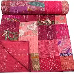 BOHEKANT Handicraft Silk Kantha Quilt Kantha Bed Cover Handmade Kantha Bedspread Kantha Blanket Throw-07 (Twin, 60x90 Inches, Single Bed)-picture-10