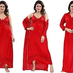 shree balaji maxi Women's/Girls Satin Matching Nightwear - 2 Pc Set- Nighty/Robe-picture-32