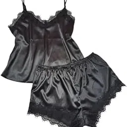 Satin Top and Shorts Sleepwear Set with Lace Trim, Solid Night Suit-picture-34