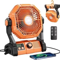 Tuarso Table Fan 10000mAh Battery Powered Fan Rechargeable with LED Light - Portable Personal Cooling Fans with Hook 8 Speeds Wind Remote Control for Home Office Kitchen Orange-image-24