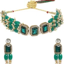 zaveri pearls Green Stones & Beads Multistrand Traditional Choker Necklace & Earring Set For Women-ZPFK10111-picture-32