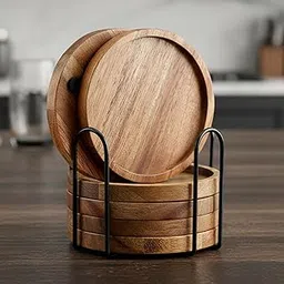 Serenz, 6 Pcs Best Wooden Coasters with Holder Coffee Table Decor, Wood Coaster Set Modern Cup Coaster for Drink Home Dining Table Kitchen Accessories Beer Bar Decorative Rustic Outdoor Coasters-picture-29