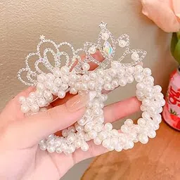 Samyak 2 Pcs Princess Crown Pearl Designer Hair Tie | Ponytail Holder | Kids Scrunchies Headband Gift Set For Children Girls | Hair Tie Wrap | Hair Rubber Band Girls Accessories - Random Crown Designs-image-47