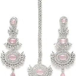 zeneme Rose Gold Plated American Diamond Studded Maang Tikka & Earrings Jewellery Set For Woment and Girl-picture-30