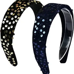 Lucky Bows Headband For Girls/Women, Sequin Hair Band, Velvet Hairband for Women, Fancy Hair Bands for Girls Pack Of 2 Pcs - Navy Blue, Golden-picture-13