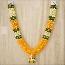 Cotton Handmade Artificial Flower Garland, Traditional Yellow Carnation Mala with Gold Roses, Pearl Beads | Decor for Photo Frame, Temple, Pooja and Festivals-picture-15