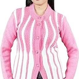 creative panther Women's Knitted Cardigan, Pink and White Striped Pattern, Button Front, Long Sleeve Winter Sweater-picture-10
