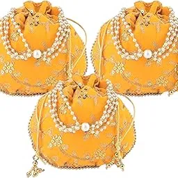 3 Pcs Polyester Potli Bags for Women | Traditional Indian Zari Work Potli Bag | Ladies Batwa Purse for Return Gifts | Drawstring Handbag & Khajoor Wristlets - Yellow-image-82