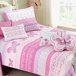 Cozy Line Home Fashions 100% Cotton Pink Heart Polka Dot Girl Reversible Bedding Quilt Set, Bedspread Coverlet for All Seasons (Butterfly Knit, Queen-3 Piece)-image-13