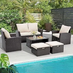 MJA FURNITURE Outdoor Sofa 2 Seater for Balcony, Garden | Balcony Chair Table Set | 5-Piece Patio Waterproof Furniture Set | Wicker Armchairs with Ottomans and Side Table (4 Seater Cream)-picture-19