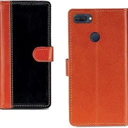Pinaaki Enterprises Oppo A12 Case | Premium Leather Finish | with Card Pockets | Wallet Stand |Complete Protection Cover for Oppo A12 - Camel and Black-picture-55