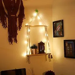 THE URBAN ARTISTIC Macrame Wall Hanging Shelf with Lights | Wood Floating Home Décor Shelves | Space-Saving and Decorative - White-picture-32