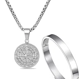 Silver Chain For Men Stainless Steel Compass Roman Silver Chain Pendant With Silver Bracelet For Men Boys Jewellery Combo-image-68