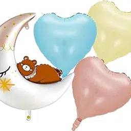 Propsicle 30-inch Adorable Teddy Bear On The Moon Balloon with 3 pcs of 18-inch Pastel Heart Foil Balloons for Birthday Welcome Baby and Baby Shower Decorations (Pack of 4)-picture-16