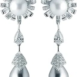 prd caratcafe 92.5 Sterling Silver Embellished Swarovski Zirconia, Culture Pearls Fancy Cocktail Earrings for Women Girls 2.20 x 0.75 Inches Long Earing-picture-10