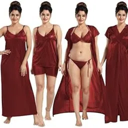 ledelav 6-Piece Women's Satin Nightwear Set, Black, Long Nighty with Robe, Shorts, Top and Bikini-picture-16