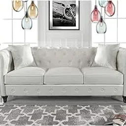 Chesterfield 3-Seater Tufted Leather Sofa, Classic Color (White)-picture-28