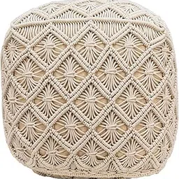 18" Beige Handmade Macramé Natural Cotton Square Pouf Ottoman-picture-23