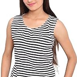 fabricorn Black and White Striped Round Neck Cotton Blend Sleeveless Tshirt for Women-picture-3
