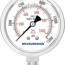 MEASUREMAN Fully Stainless Steel Hydraulic Glycerin Filled Pressure Gauge, 2-1/2" Dial Size,0-15000psi/bar,1/4"NPT Lower Mount-image-44
