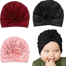 syga Pack of 3 Newborn Baby Cap Combo Set, Turban Flower Design, Stretchable Cotton Cap for 0 Months to 4 Years-Unisex (Peach, Black, Maroon)-picture-21