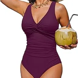 One Piece Swimsuit for Women Vintage V Neck Twist Bathing Suit Tummy Control Slimming Monokini, Purple, Small-image-81