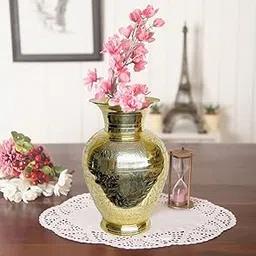 Loopysky Premium Handcrafted Brass Flower Vase for Home Decor | Antique Gold Finish Matki Pot | 10 Inch Bidri Work Table Centerpiece (1 Pc) ★ for Artificial Flowers Only – Not for Water Use-image-47