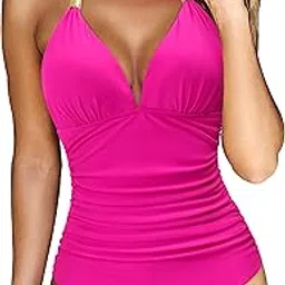 rxrxcoco Women V Neck One Piece Swimsuits Tummy Control Ruched Swimwear Halter Bathing Suit, 1 Hot Pink, Large-picture-33