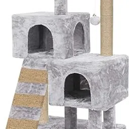 Mellifluous Scratching Posts Kitten Cat Tree - Ladder | Pompom Ball | Fur Fabric | Condo Houses | Jute Rope (Grey, Large) (Height 35 Inch)-picture-58