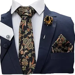 blacksmith Tie, Cufflink, Pocket Square, Lapel Pin, Set of 4 for Men [ Free Size ] BLACK LEAF-picture-16