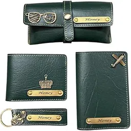 Customized Premium Leather Combo Gift for Men | Includes Personalized Wallet, Keychain, Sunglass and Passport Case with Name Charm | Ideal for Gifting and Personal Use | Green-image-24