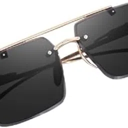valwick Vintage Square Rimless Sunglasses, Metal Frame, Black, Brown, Clear Lens, Tiger side Logo, Gold Temple Arms-picture-28