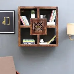 Florito Solid Wood Wall Mounted Shelf, Rustic Brown Decorative Storage Unit with Carved Center Panel, Square Geometric Design for Living Room-image-76