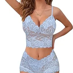 ssoshhub Sheer Floral Lace Pajamas Lingerie Set High Waist Sleepwear Bra and Panty 2 Piece Nightwear for Wife, Women Wedding Valentine Special Night Occasion Festival-picture-32