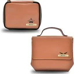 Customized Women's Combo| Personalized Mini Makeup Kit & Sling Bag | Customized Wome's Combo with Name & Charm (Tan)-picture-44