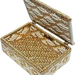 BAANKALA Decorative Storage Box with Lid | Handwoven Gold and White Pattern | Multipurpose Organizer for Jewelry Gift Box | Elegant Basket for Home & Office-picture-22