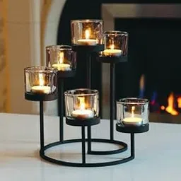 Roshan Handicrafts Glass Tealight Candle Holder Stand, 5 Holders, Black Metal Frame, Circular Design-picture-27