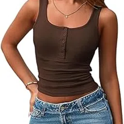 adbucks Scoop Neck TITCH Button UP Spaghetti Ribbed Slim Fit Tops for Women-picture-36