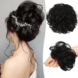 Ajooni Messy Bun & juda Hair Piece 100% Natural Hair Scrunchies Buns Hair Pieces for Women Curly Wavy Black Bun Elegant Chignons Wedding 456-picture-24