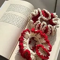 Handmade Crochet Scrunchie, Red and White Cotton Hair Tie, Ruffled Elastic Hair Accessory for Women-picture-38