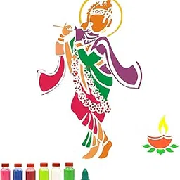 GFTBX Wood Krishna Diya Rangoli Tools Kit Latest Includes Rangoli Stencils for Floor and Rangoli Colour Powder with Rangoli Tools (Set of 2 Stencil, 6 Colors Bottles, 1 Nozzle)-picture-19
