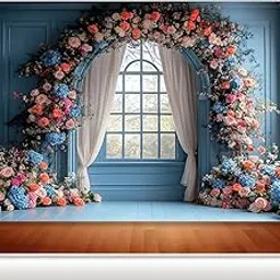 Floral Arch Window Backdrop – Elegant Blue Wall with Colorful Flowers Photography Background for Wedding, Birthday, Anniversary & Party Decoration-picture-10