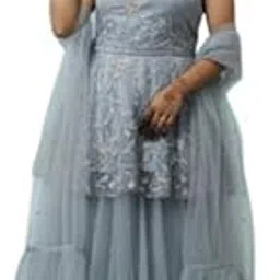 "Grey Embroidered Net Peplum Lehenga Choli Set for Women – Designer Ruffle Skirt & Dupatta for Weddings & Parties-image-2