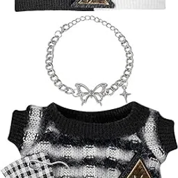FANCYKU® Cute Doll Clothes, Set of 3Pcs Fashion Y2K Checked Pattern Sweater with & Chain Chocker, Headband, Collectible Figures Clothes for 4''/6'' Dolls-picture-11