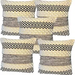 Decorative Throw Pillow Covers, 45 x 45 cm, Ivory, Black andCream with Pom Pom Tassels, Set of 5-image-21