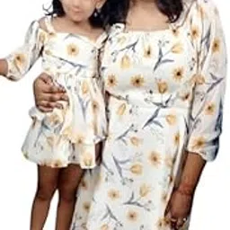 Mother and Daughter Dress Combo | White and Yellow Color | Matching Outfits in Comfortable Fabric | Elegant Free Size Designs | Ideal for Festive and Family Occasions-image-3
